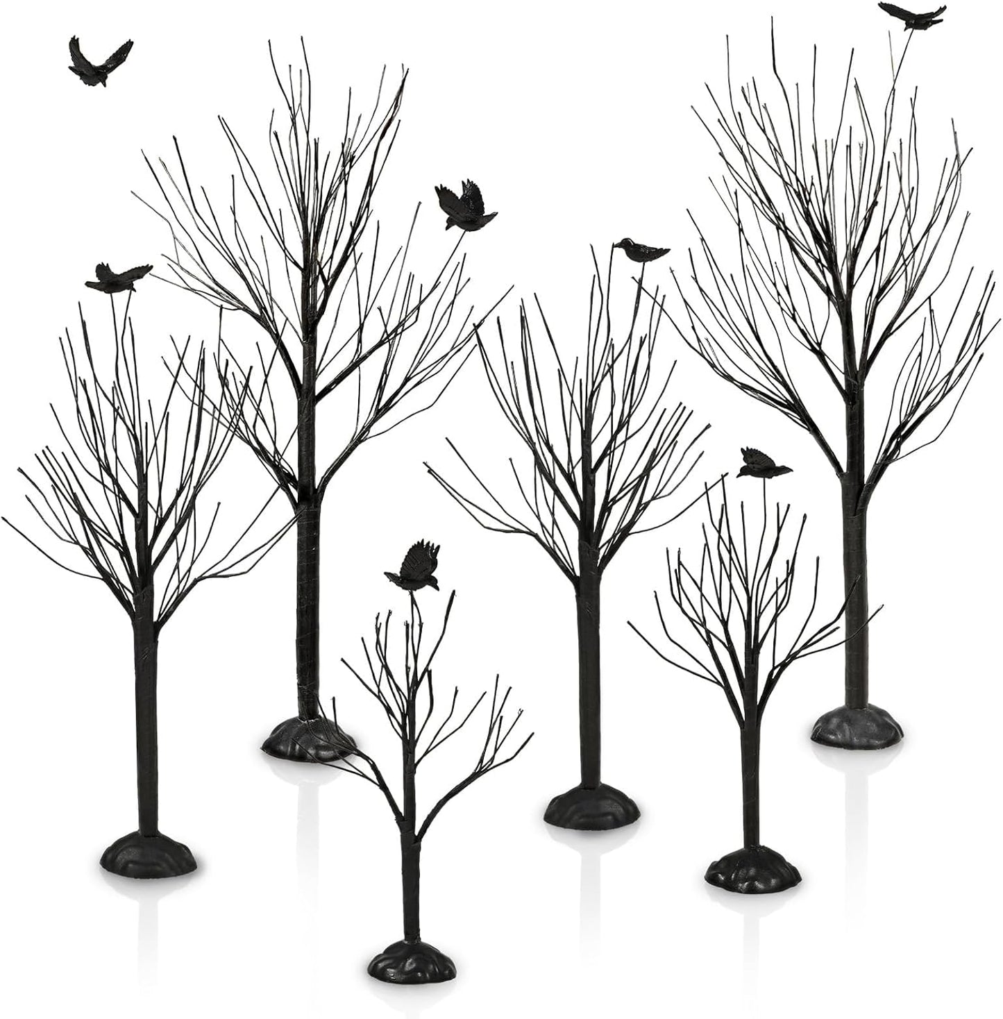 Warmtree 6 Pcs Halloween Village Trees Mini Decor Tree Artificial Tabletop Branch Trees, Halloween Village Accessories with Crows Figurine for Holiday Home Garden Office Festival Decor