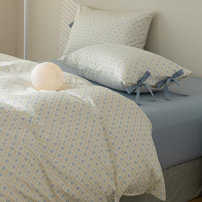 Blue Flower Comforter Set Full Checkered Grid Floral Comforter Set Kids Girls Vintage Country Style Coquette Bedding Comforter Full with 2 Bow Tie Pillowcases Cute Flower Botanical Comforter Set