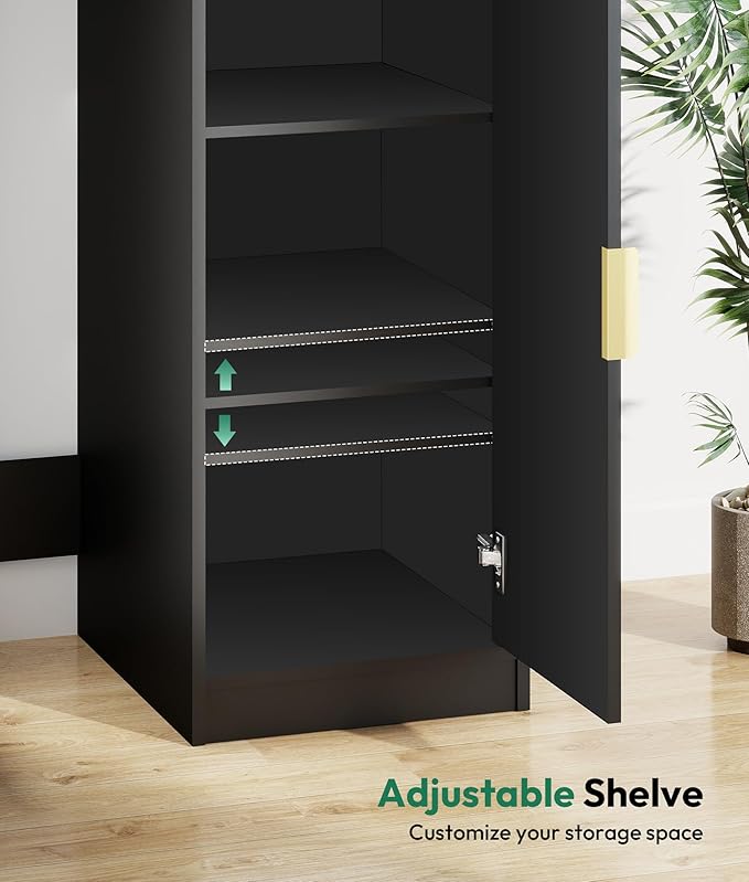 Coffee Bar with Mini Fridge Space - Snack Bar Cabinet with Power Outlet, Fluted Mini Fridge Cabinet with Adjustable Shelf for Kitchen Dining Room Living Room, Black