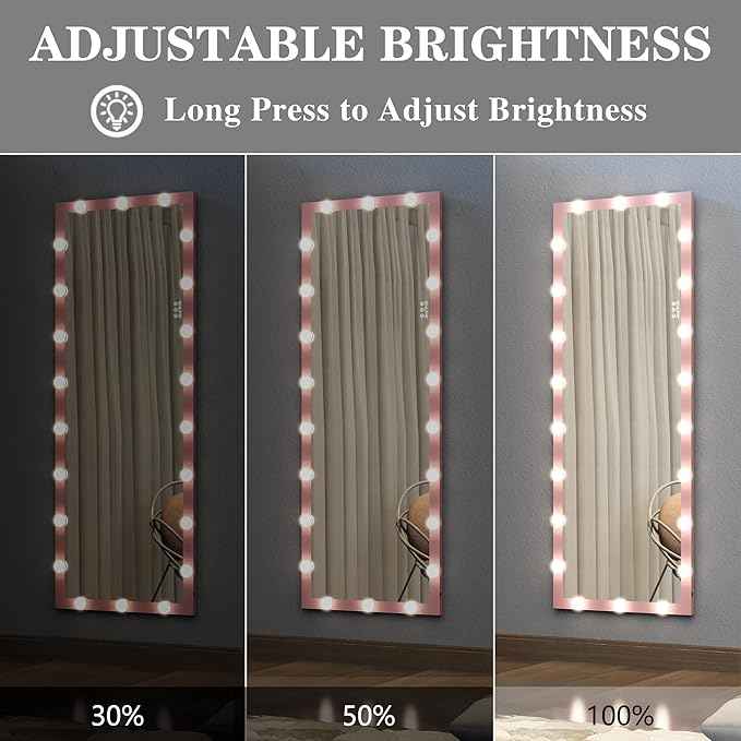 Full Length Mirror with Lights, 65" x 24" Led Standing Mirror, Wall Mounted and Floor Standing Bulbs, Wall Mounted for Bedroom,Dimming&3 Color Modes (Pink)