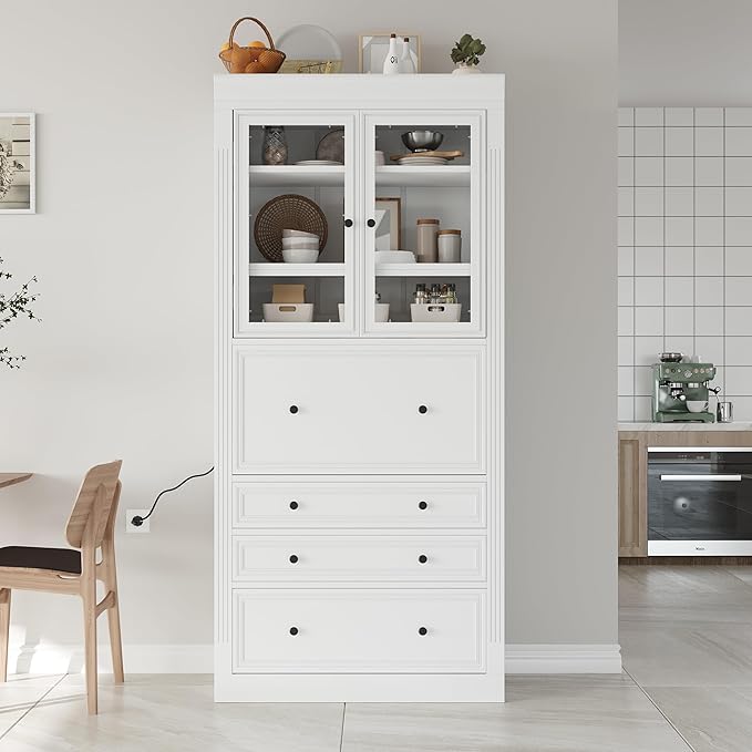 Merax 78 Inch Extra-Tall Freestanding Kitchen Pantry Storage Cabinet, Multifunctional Cupboard with 3 Drawers, Adjustable Shelves & Power Outlet Drop-Down Surface for Dining and Living Room, White