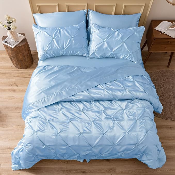 MR&HM Satin Comforter Twin 5 Pieces - Luxurious Pinch Pleat Bedding Set with Comforter, Flat Sheet, Fitted Sheet, Pillowcase & Sham, Super Silky Soft Bed Set for All Season (Twin, Light Blue)