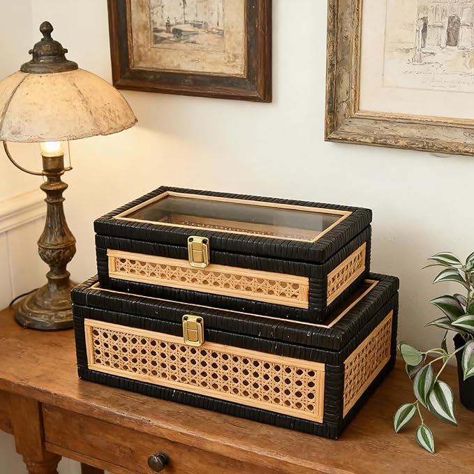 Black Rattan Decorative Storage Boxes with Glass Lids – Set of 2 Cane Weave Display Cases with Solid Wood Base – Nesting Coffee Table Organizer for Remotes, Jewelry & Keepsakes