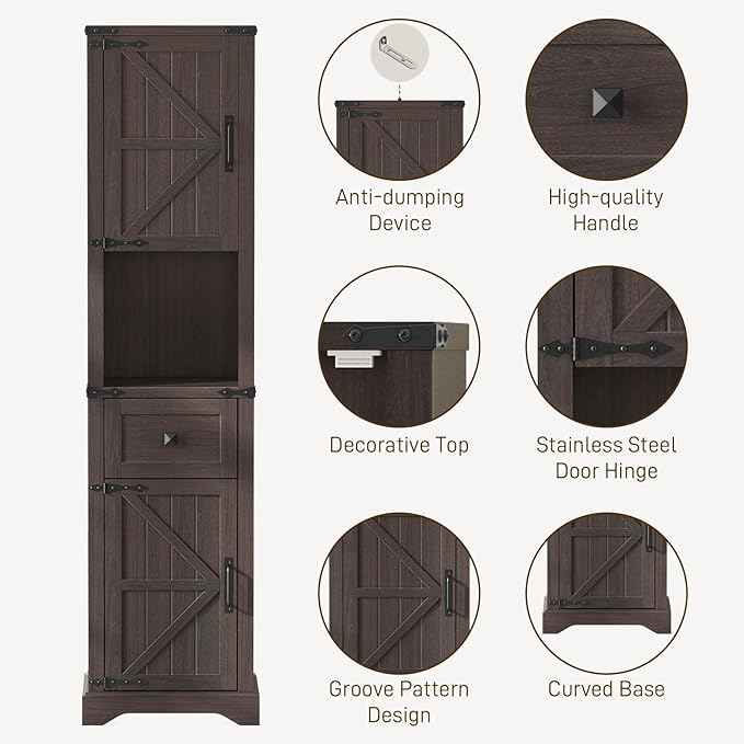 66" Tall Farmhouse Bathroom Storage Cabinet with Barn Doors and Drawer, Narrow Storage Unit, Adjustable Shelves & 5-Tier Space, Freestanding Cabinet for Bathroom, Entryway, Kitchen, Espresso