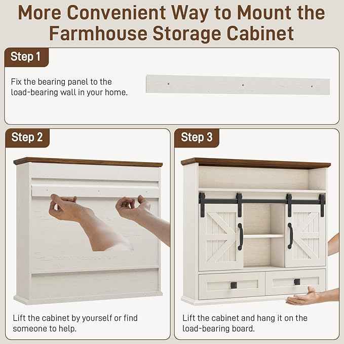 Vabches Bathroom Wall Cabinet, Farmhouse Medicine Cabinet with Double Sliding Barn Door and Storage Drawer, Wooden Vintage Storage Cabinet Wall Mounted for Bathroom, Kitchen, Rustic White and Brown