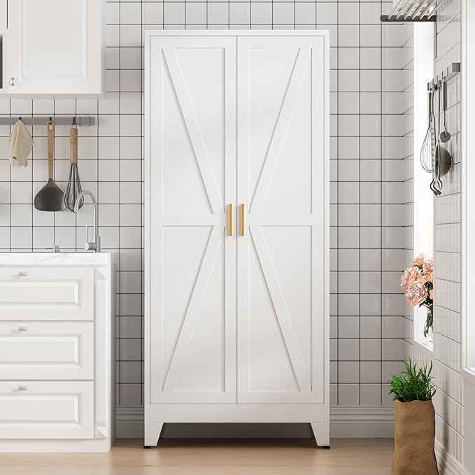 COFaR 5 Tier Metal Farmhouse Storage Cabinet with 2 Barn Door, 4 Adjustable Shelves and Legs, for Kitchen, Dining Room, Bathroom, Living Room, Office