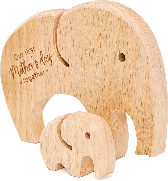 NELXI First Time Mom Gifts, Elephant Mom and Baby Wooden Decor Keepsake, Our First Together Engraved Sign, Meaningful Present for Wife, Sentimental Nursery Tabletop Decor