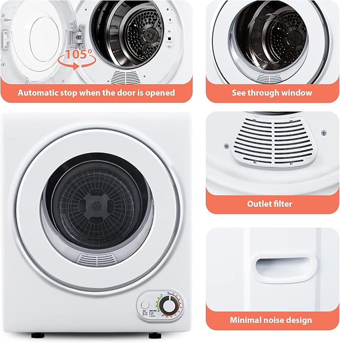 Euhomy Portable Dryer 1.5 cu. ft., 850W Powerful Clothes Dryer with Stainless Steel Drum and Exhaust Hose, Dryer Ideal for Apartments, RVs, Dorm Rooms，White
