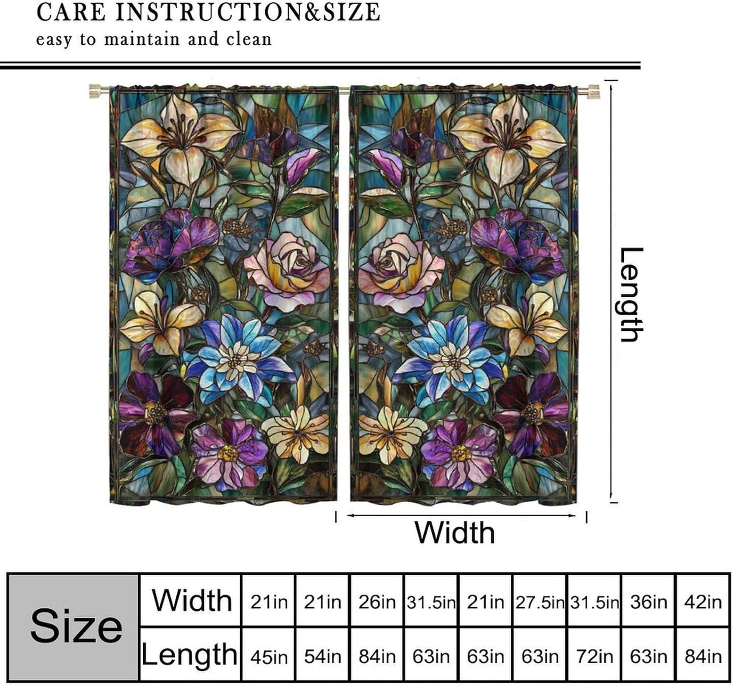 Stained Glass Curtains,Retro Colored Glass Flowers Art Home Decor Drapes for Bedroom Living Room Kitchen Window Treatment 2 Panels Set Total Size 42" W X 63" L Inch