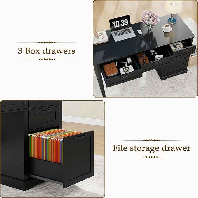 Vabches 55" Farmhouse Home Office Desk with File Drawer, Executive Computer Desk with 4 Storage Drawers, Rustic Computer Desk for Working, Studying, Writing, Black
