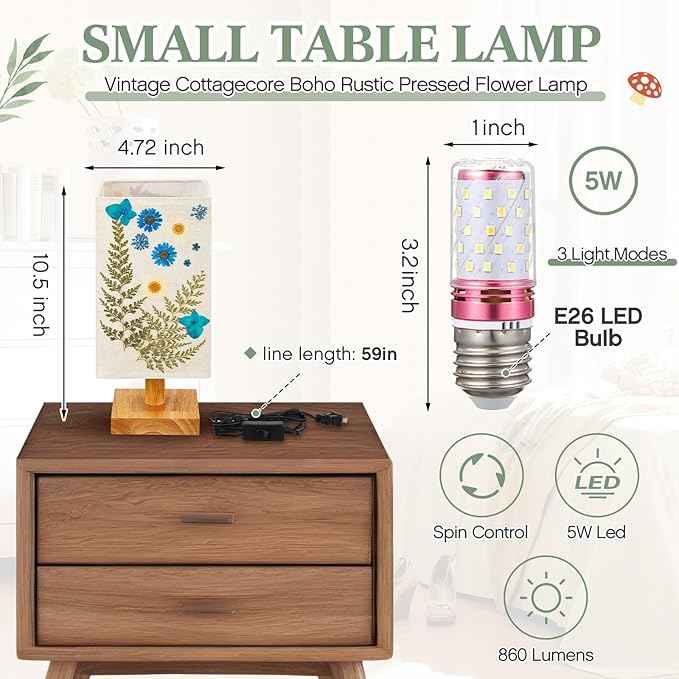 Hortsun Pressed Flower Lamp Vintage Table Small Lamp Cottagecore Decor Boho Night Light Decorative Rustic Night Light for Bedroom, Living Room or Office, Valentine Gift for Women(Rectangle)
