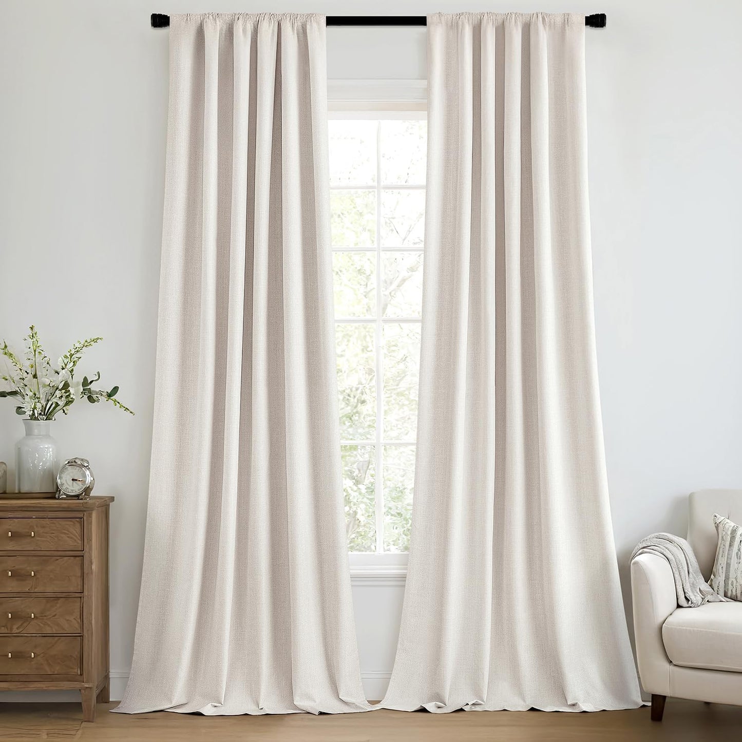 MIULEE 100% Blackout Curtains 90 Inch Long 2 Panels for Bedroom, Thick Luxury Faux Linen Black Out Curtain Room Darkening Back Tab Pleat Window Textured Drapes with Hooks for Living Room, Ivory