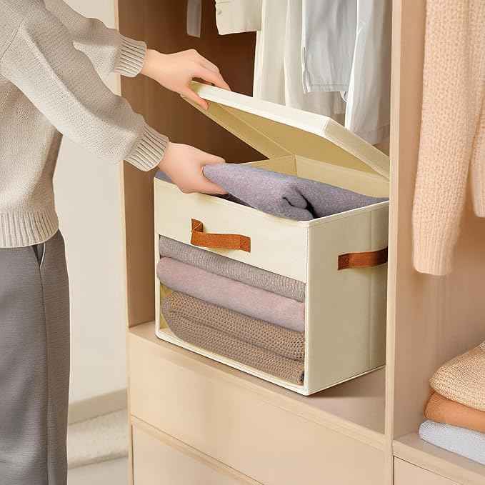 Foldable Decorative Organizers with Clear Windows & Handles, Collapsible Decorative Boxes with Lids, Fabric Containers for Living Room, Dorm, Beige