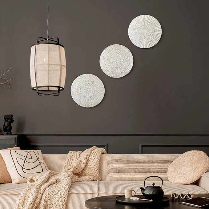 Tioncy 3 Pcs 11.8 Inches Mother of Pearl Shell Plate Coastal Wall Art Mosaic Wall Sculpture Shell Handmade Hanging Plates Arts for Halloween Christmas Bedroom Bathroom Home Office Hotel(White)