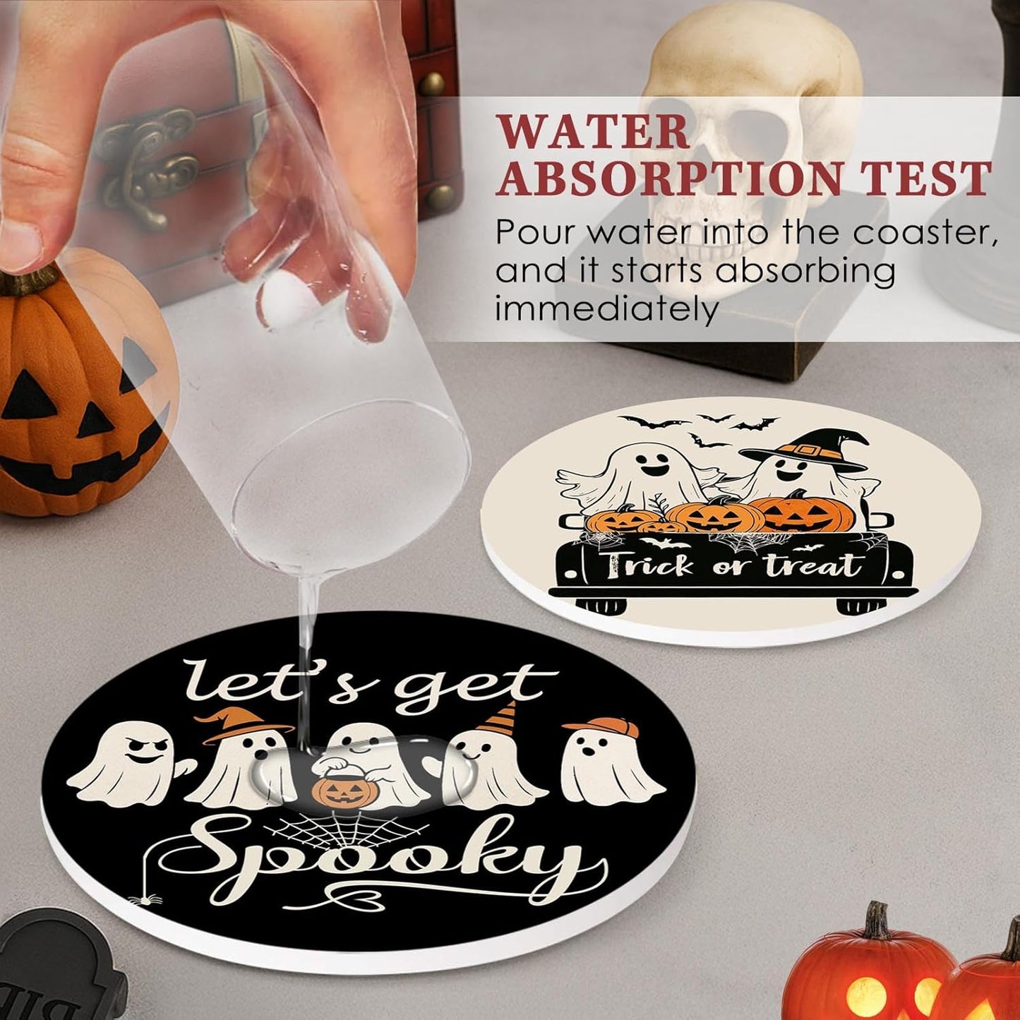 Coaster for Drinks Set of 6, Halloween Black and White Ghost Pumpkins Absorbent Round Ceramic Stone Mat, with Cork Base and Metal Holder, Gift for Housewarming Room Bar Decor