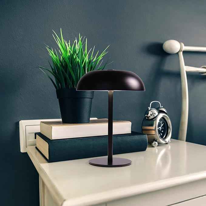 Portable LED Mushroom Table Lamp, 8.46'' Small Cordless Desk Night Light with 5200mAh Rechargeable Battery, Stepless Dimming Lamp with 3 Colors for Bedroom/Bar/Coffee Shop (Black)