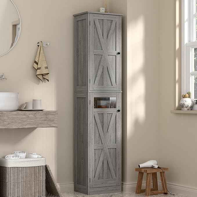 Vabches Tall Bathroom Cabinet, Slim Bathroom Storage Cabinet with Adjustable Shelves and 2 Doors, Narrow Floor Storage Cabinet for Bathrooms, Kitchen, Living Room, Rustic Grey