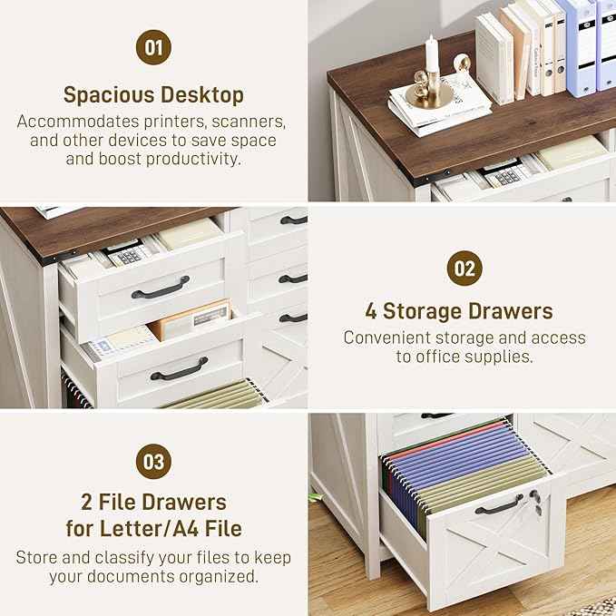 Vabches Lateral File Cabinet with 6 Drawers, Farmhouse File Cabinet with Lock for Letter/A4 Size, Large Wood File Storage Cabinets Printer Stand for Home Office Cabinets, Rustic White