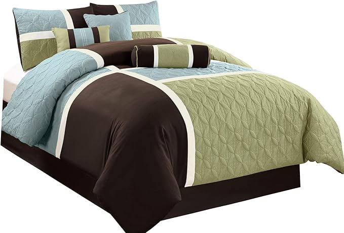 Chezmoi Collection 7-Piece Quilted Patchwork Comforter Set, Coffee Brown/Aqua Blue/Sage Green, California King