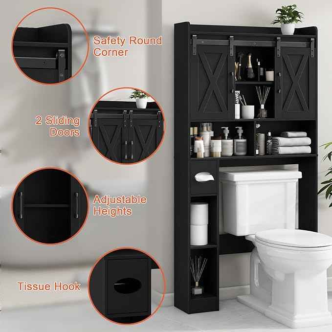 Vabches Over The Toilet Storage Cabinet, Farmhouse Storage Cabinet Over Toilet with Sliding Doors & Toilet Paper Holder Stand，Home Space-Saving Toilet Rack, for Bathroom, Laundry and Restroom.Black
