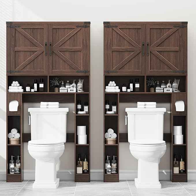 Vabches Over The Toilet Storage Cabinet, Farmhouse Storage Cabinet Over Toilet with 2 Barn Doors ，Toilet Paper Holder Stand，Home Space-Saving Toilet Rack, for Laundry, Restroom, Bathroom.Espresso.