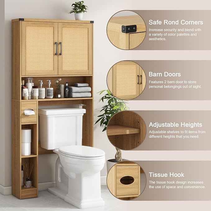 Vabches Over The Toilet Storage Cabinet, Farmhouse Rattan Storage Cabinet Over Toilet with 2 Rattan Barn Doors & Home Space-Saving Toilet Rack, for Bathroom, Restroom, Laundry