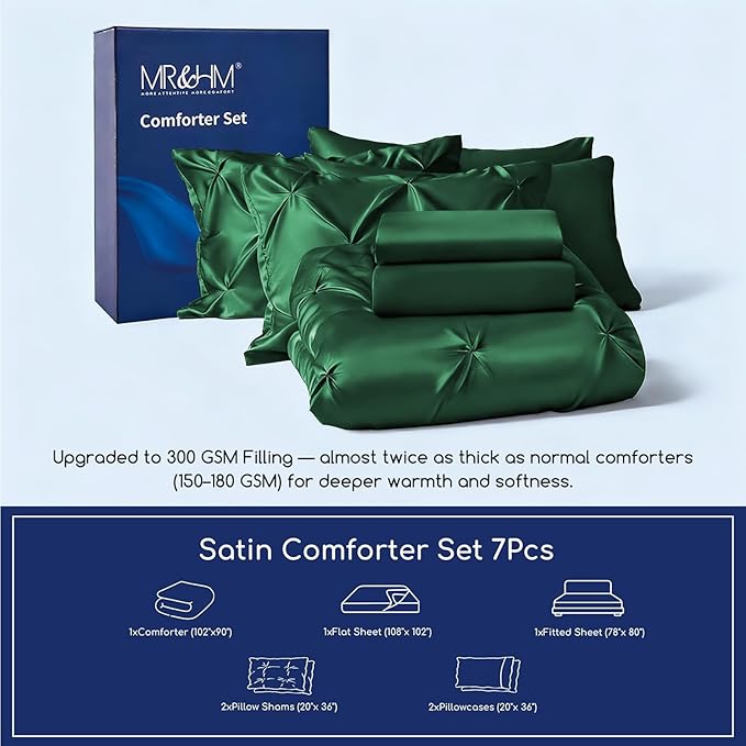 MR&HM Satin Comforter King 7 Pieces - Luxurious Pinch Pleat Bedding Set with Comforter, Flat Sheet, Fitted Sheet, Pillowcases & Shams, Super Silky Soft Bed Set for All Season (King, Dark Green)