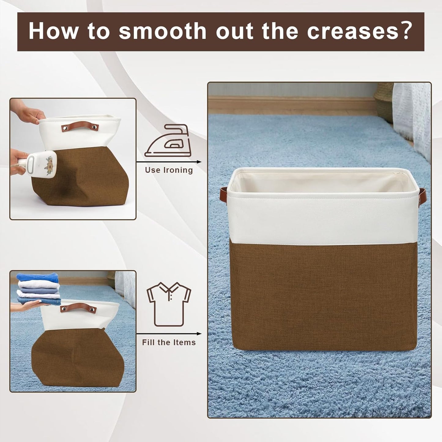 Large Fabric Storage Baskets | 50L Storage Bins, Decorative Linen Closet Baskets with Handles for Organizing, Shelf, Toys, Clothes, Home, Office, Nursery, 17x12x15Inches (Brown&White)