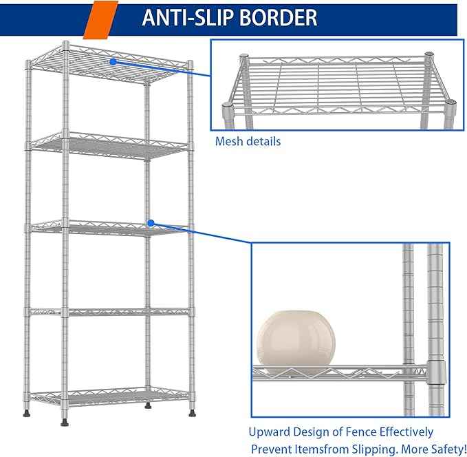 REGILLER 5-Wire Shelving Metal Storage Rack Adjustable Shelves,Standing Storage Shelf Units for Laundry Bathroom Kitchen Pantry Closet(Silver,11.8" D x 21.2" W x 53.5" H)