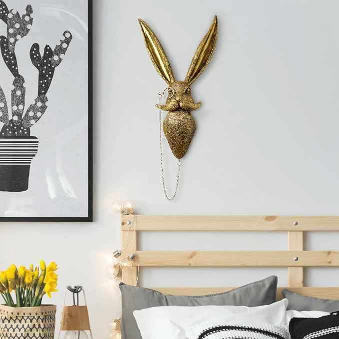 montresor Animal Head Wall Art Sculptures PU Foam Material (NOT RESIN) 16 inchs Gold Rabbit Wall Decor Art for Whimsigoth Home Wall Decor Lightweight Accent Wall Hanging Room Decor