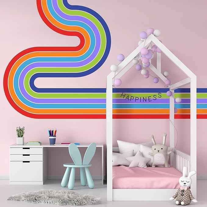 65" x 116" Large Removable Boho Rainbow Road Wall Decor - Colorful Self-Adhesive Pastel Sticker, Peel and Stick Giant Decal Wallpaper for Kids Baby Girl Bedroom Nursery (A)