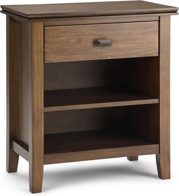 SIMPLIHOME Artisan Bedside Table - 24 inch Wide Solid Wood Nightstand Table in Rustic Natural Aged Brown, Contemporary Bedroom Side or End Table with 1 Drawer, Open Shelf Storage and Bronze Knobs