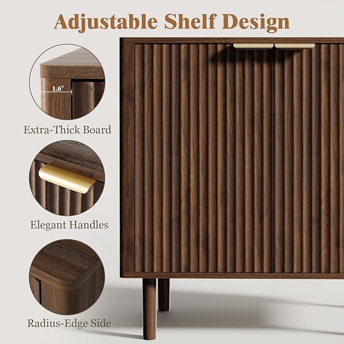 Sideboard Buffet Cabinet with Storage, Modern Fluted Accent Credenza with Doors & Adjustable Shelves, Wood Coffee Bar Console Table for Living Room, Dining Room, Entryway 31.5"(2pcs) Walnut