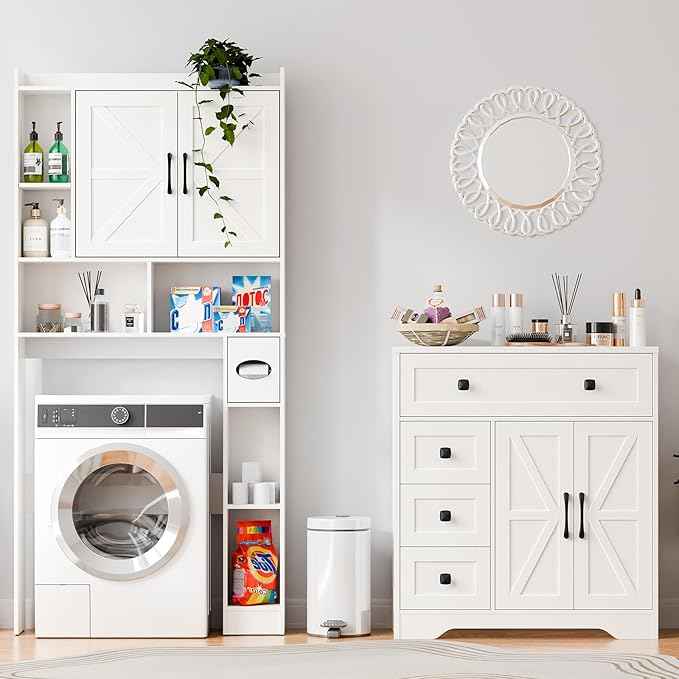 Vabches Farmhouse Storage Cabinet with 2 Doors and 4 Drawers, Freestanding Bathroom Storage Cabinet Kitchen Pantry, Floor Hutch Cupboard for Living Room/Bathroom/Kitchen,(Unique White)