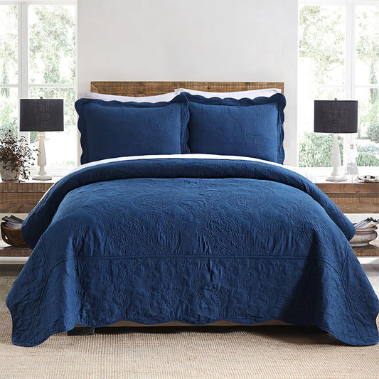 Cotton Bedspread Quilt Sets, Real Patchwork Bedding Sets with Luxury Floral Paisley Pattern, 3 Pieces Reversible Soft Lightweight Coverlet for All Season, Navy Blue, Queen Size