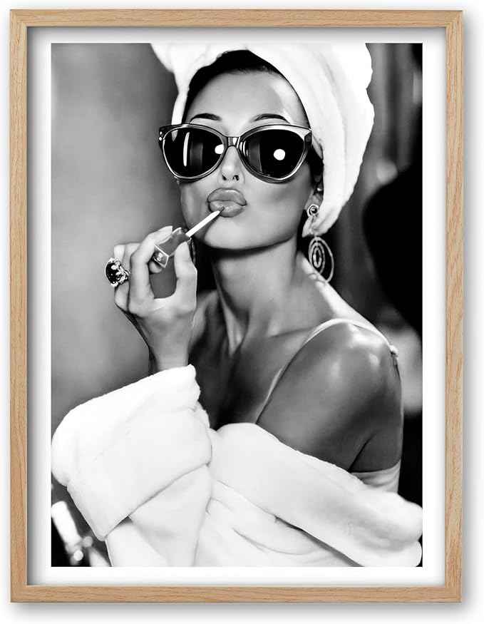 iHery Natural OAK Wood Audrey Hepburn Trendy Framed Wall Art, 12x16 in Vintage Canvas Bedroom Wall Decor, Beige Logs Retro Bathroom Art, Better Late Than Ugly, Set of 1 Apartment Girly Dorm Room