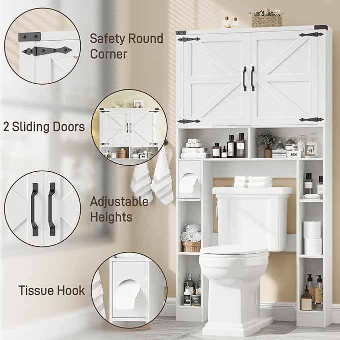 Vabches Over The Toilet Storage Cabinet, Farmhouse Storage Cabinet Over Toilet with 2 Barn Doors ，Toilet Paper Holder Stand，Home Space-Saving Toilet Rack, for Laundry, Restroom, Bathroom.White.