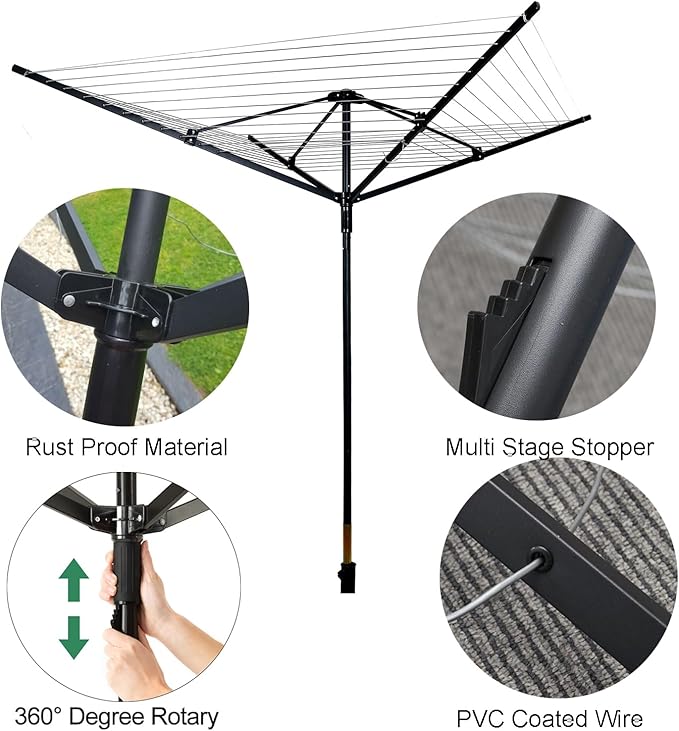 Nisorpa Outdoor Umbrella Drying Rack,12 Lines with 165 Feet Umbrella Clothesline Outdoor Dryer Clothes Line, 4 Arm Steel Frame Adjustable Height Retracting Collapsible Clothes Drying Rack for Backyard