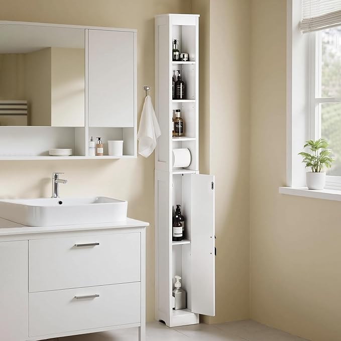 VECELO Storage Cabinet, 71" Tall Narrow Bathroom Cabinet with Adjustable Shelves, Toilet Paper Holder, Magnetic Door, for Small Spaces, Pearl White