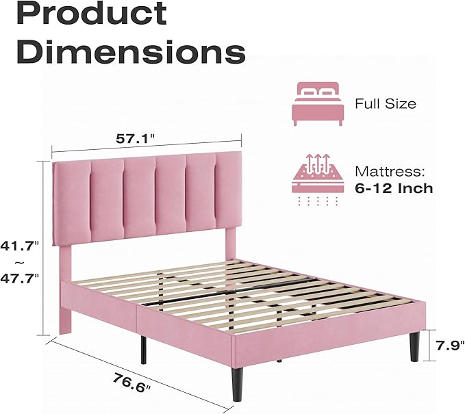 VECELO Full Bed Frame with Upholstered Headboard, Heavy-Duty Platform Bedframe with Strong Wooden Slats Support, No Boxing Spring Needed, Pink