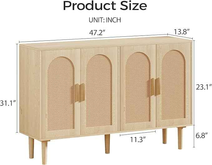 Modern Rattan-Door Sideboard Cabinet – 4-Door Credenza Buffet with Ample Storage, Large Accent Cabinet for Entryway, Living Room, Dining Room & Kitchen, Natural