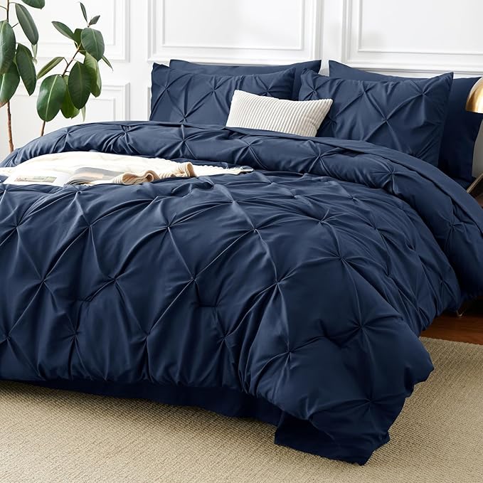 CozyLux California King Comforter Set Navy Blue - 7 Pieces Cal King Pintuck Bed in A Bag Gift for Family, Pinch Pleat Bedding Sets with All Season Comforter, Sheets, Pillowcases & Shams