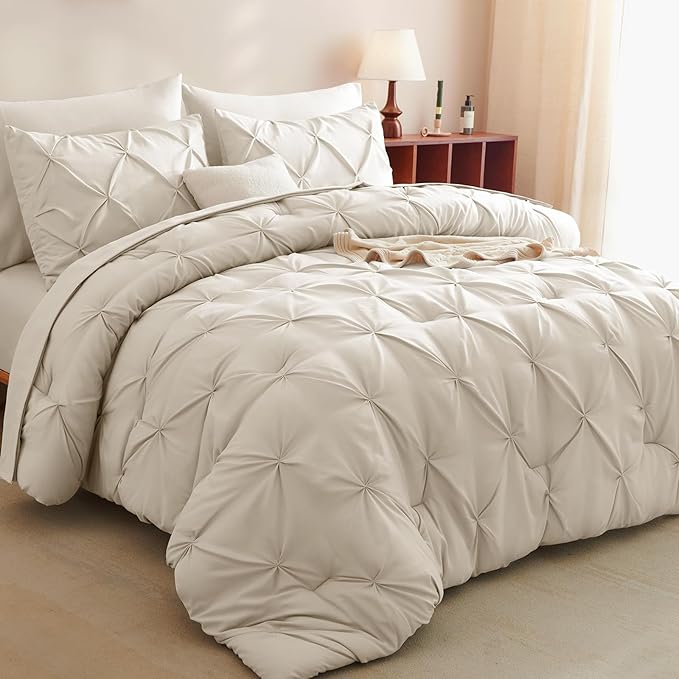 CozyLux Full Size Comforter Sets Beige, 7 Pieces Bed in A Bag Beige Comforter Full Size, Pinch Pleat Bedding Sets with All Season Comforter, Sheets, Pillowcases & Shams