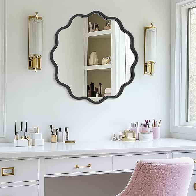PROHOMEWARE Black Round Mirror 24 Inch Wavy Bathroom Vanity Mirror Black Frame Modern Wall Mirror Decorative Wall-Mounte Anti-Rust, Tempered Glass