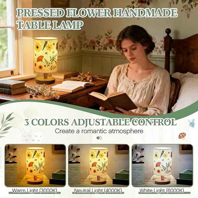 Hortsun Pressed Flower Lamp Vintage Table Small Lamp Cottagecore Decor Boho Night Light Decorative Rustic Night Light for Bedroom, Living Room or Office, Valentine Gift for Women(Modern Style)