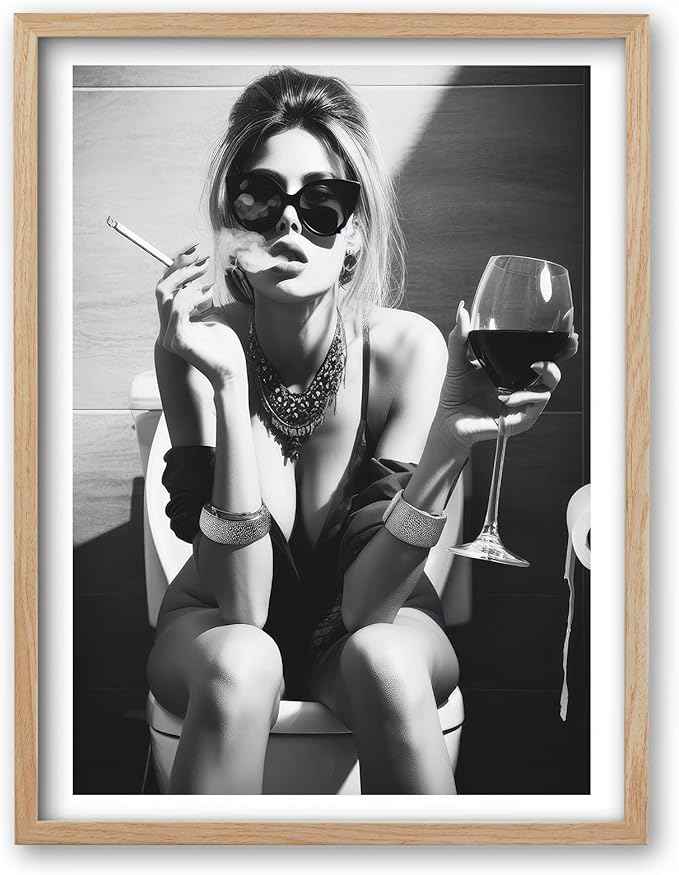 iHery Natural OAK Wood Framed Girl On Toilet Wall Art, 12x16in Canvas Woman On Toilet Smoking and Drinking Wine, Black and White Print, Funny Bathroom Art, Retro Wall Decor Set of 1