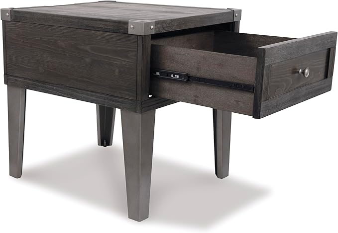 Signature Design by Ashley Todoe Industrial Square End Table with 1 Drawer, 2 Outlets and 2 USB Charging Ports, Dark Gray with Weathered Pine Finish