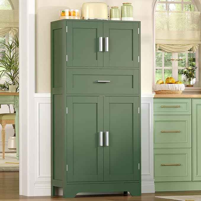 TEENFON Bathroom Floor Storage Cabinet with Adjustable Shelf, Freestanding Storage Cabinet with 4 Doors, Cupboard for Living Room, Home Office, Entryway, Forest Green