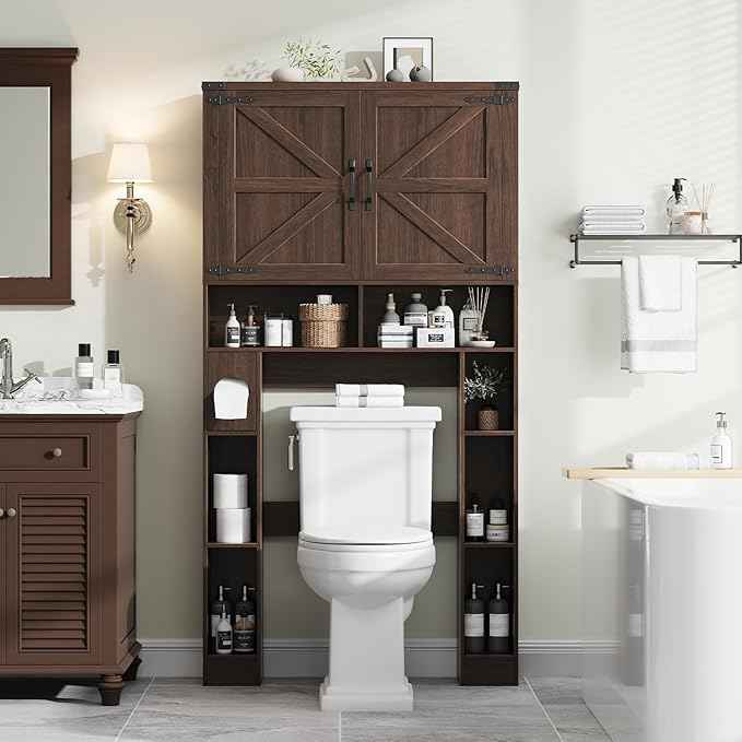 Vabches Over The Toilet Storage Cabinet, Farmhouse Storage Cabinet Over Toilet with 2 Barn Doors ，Toilet Paper Holder Stand，Home Space-Saving Toilet Rack, for Laundry, Restroom, Bathroom.Espresso.