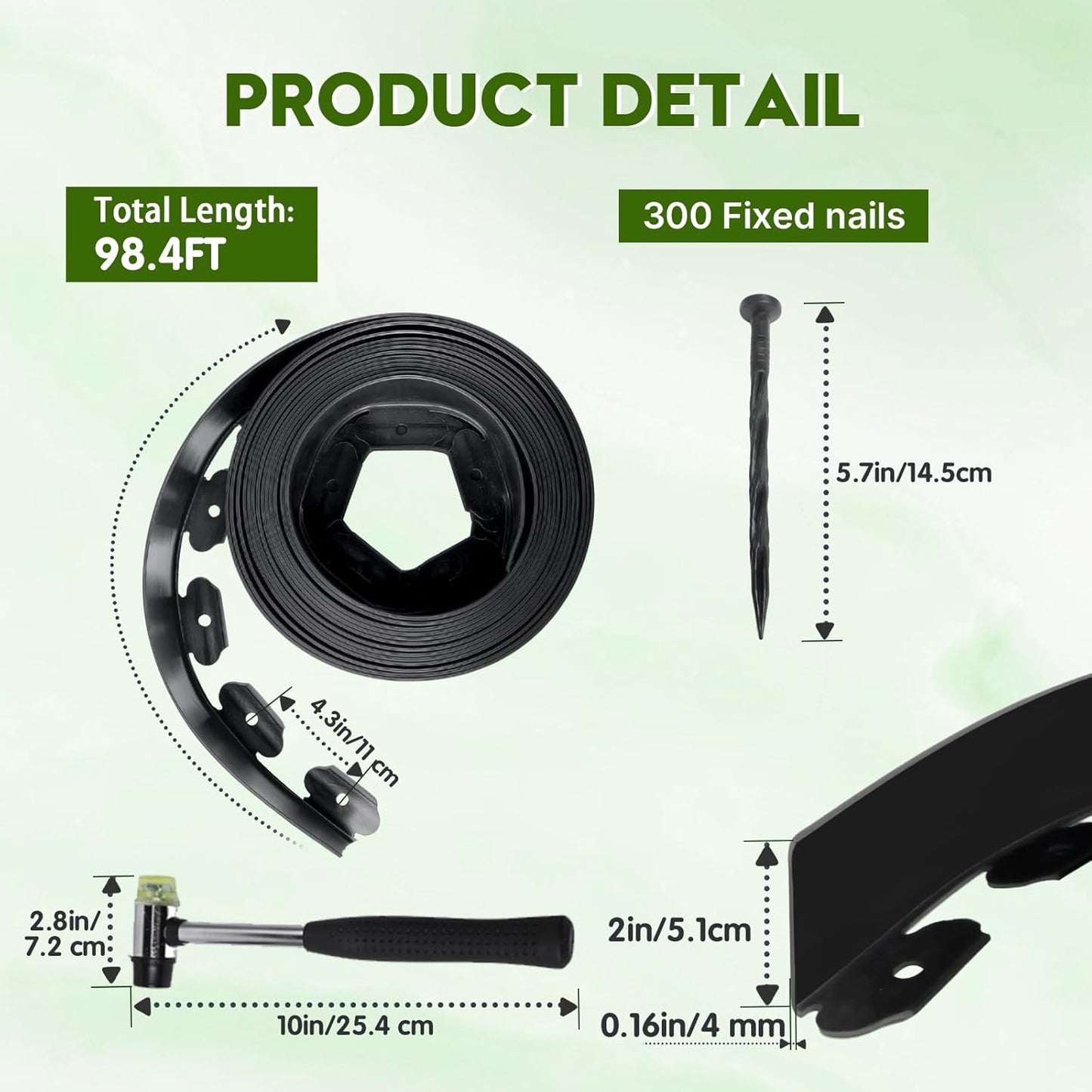 No Dig Landscape Edging 2" x 98.4FT Kit, Plastic Edging for Landscaping with 300 Spikes, for Garden, Lawn, Flower Beds and Yard, Black